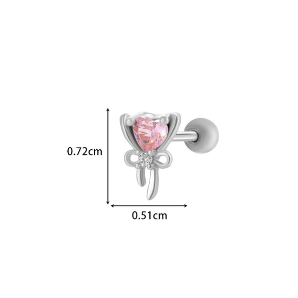 Girls Cochlear Ear Studs Copper Inlaid Zircon Pink Love Bow Titanium Steel Electroplated Flower Pattern