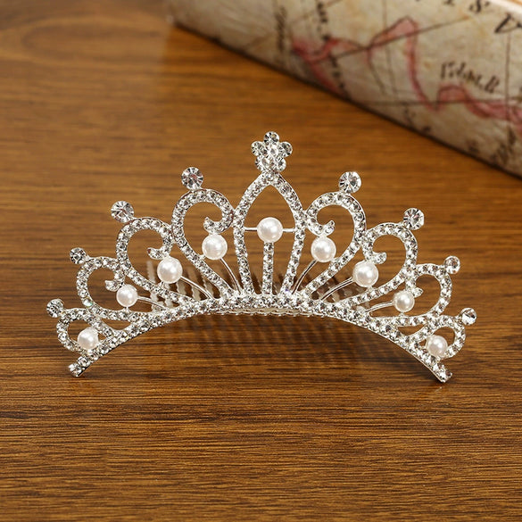Girls Crown Hair Accessories Alloy Pearl Electroplated Silver Crown Headwear