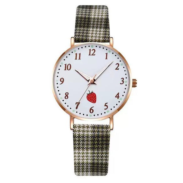 Girls Cute Fashion Quartz Watches Alloy Case Imitation Leather Strap Strawberry Pattern Round Dial