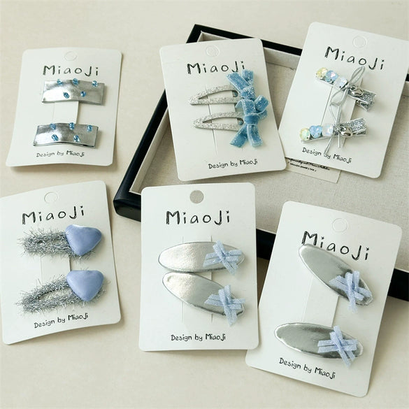 Girls Fabric Handmade Star Bow Hair Clips In Sea Blue And Silver With Rhinestone Bangs And Duckbill Clips