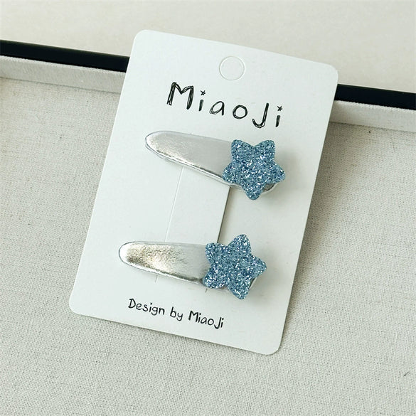 Girls Fabric Handmade Star Bow Hair Clips In Sea Blue And Silver With Rhinestone Bangs And Duckbill Clips