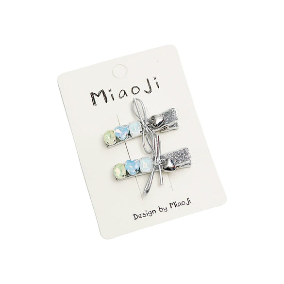 Girls Fabric Handmade Star Bow Hair Clips In Sea Blue And Silver With Rhinestone Bangs And Duckbill Clips