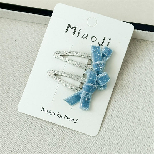 Girls Fabric Handmade Star Bow Hair Clips In Sea Blue And Silver With Rhinestone Bangs And Duckbill Clips