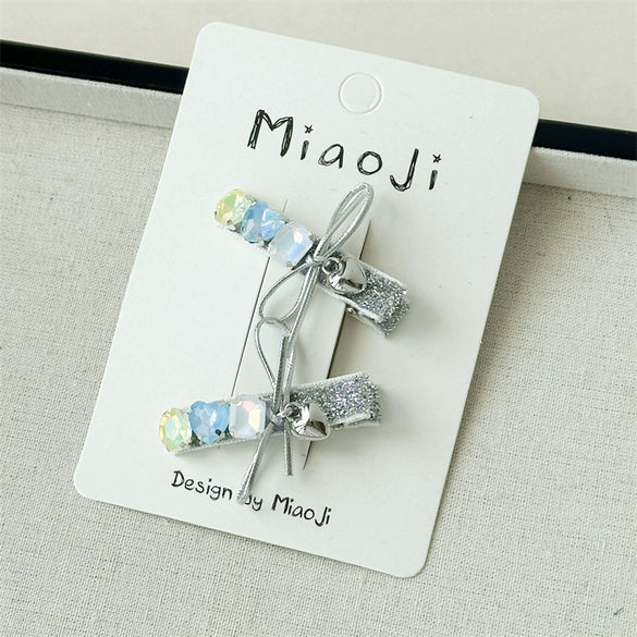 Girls Fabric Handmade Star Bow Hair Clips In Sea Blue And Silver With Rhinestone Bangs And Duckbill Clips