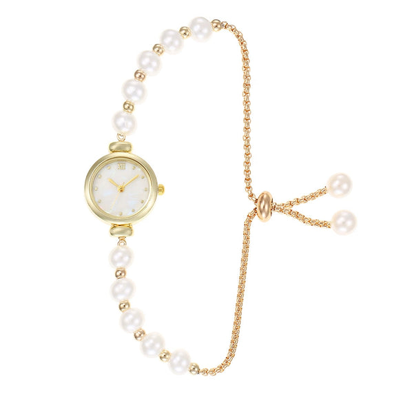 Girls Fashion Pearl Alloy Quartz Watch With Square Pullout Design