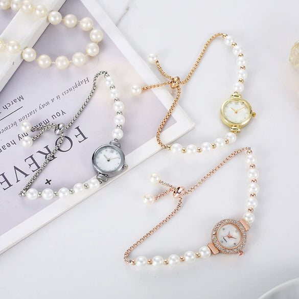 Girls Fashion Pearl Alloy Quartz Watch With Square Pullout Design