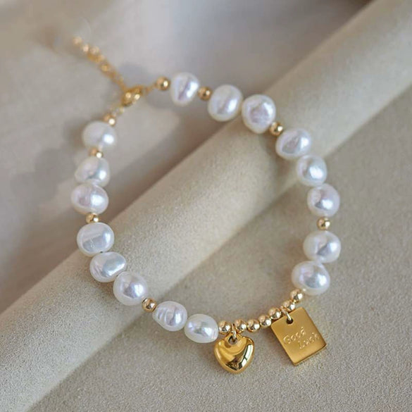 Girls Handmade Natural Freshwater Pearl Bracelet With Heart And Geometric Patterns