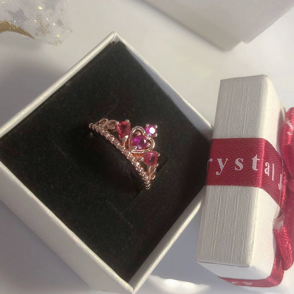 Girls' Heart Shaped Light Luxury Copper Ring With Zircon Inlay And Crown Pattern