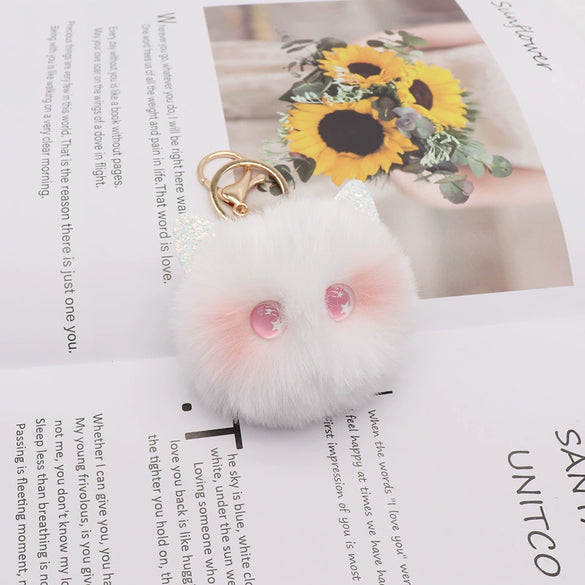 Girls Heart Shaped Plush Cat Keychain Handmade With Golden Chain Buckle