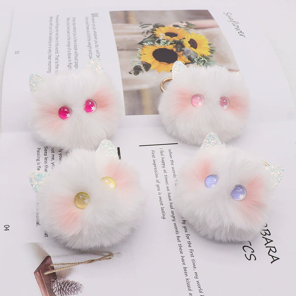 Girls Heart Shaped Plush Cat Keychain Handmade With Golden Chain Buckle