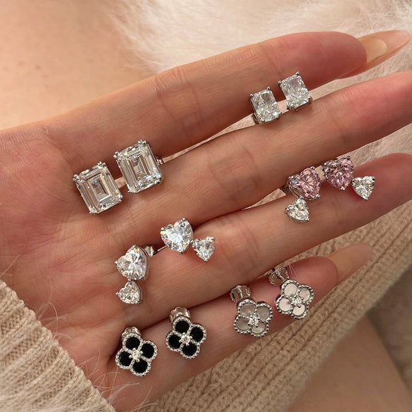 Girls S925 Sterling Silver Geometric Emerald Cut Zircon Earrings With Electroplating