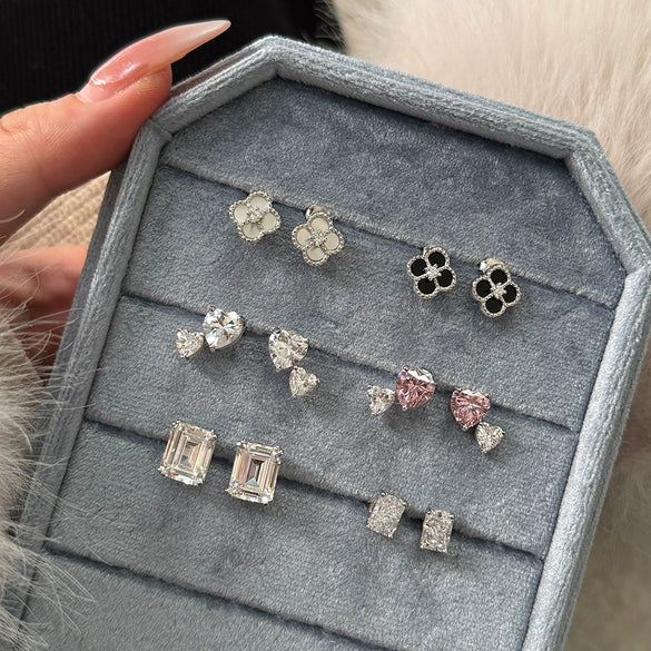 Girls S925 Sterling Silver Geometric Emerald Cut Zircon Earrings With Electroplating