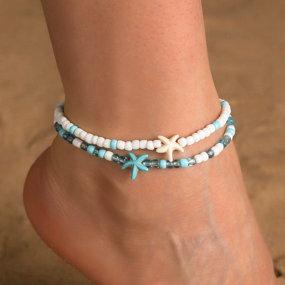 Girls Shell Anklet Plastic Resin Geometric Style Starfish Asymmetrical White Gravel Versatile Beads Adjustable
