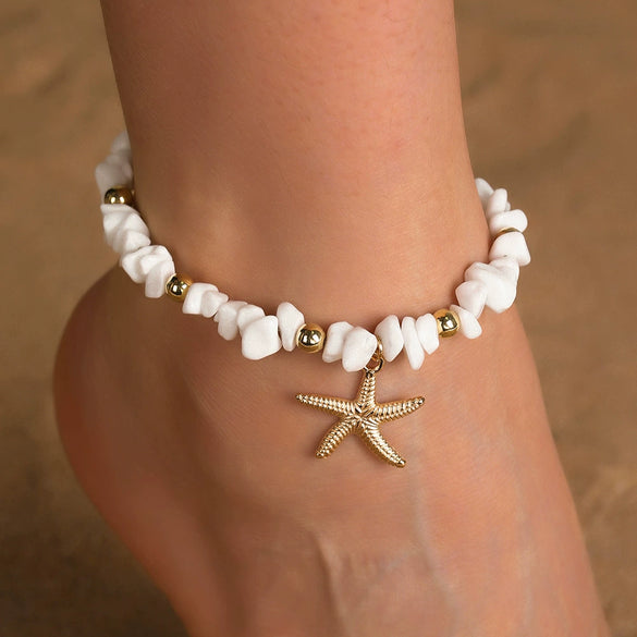 Girls Shell Anklet Plastic Resin Geometric Style Starfish Asymmetrical White Gravel Versatile Beads Adjustable