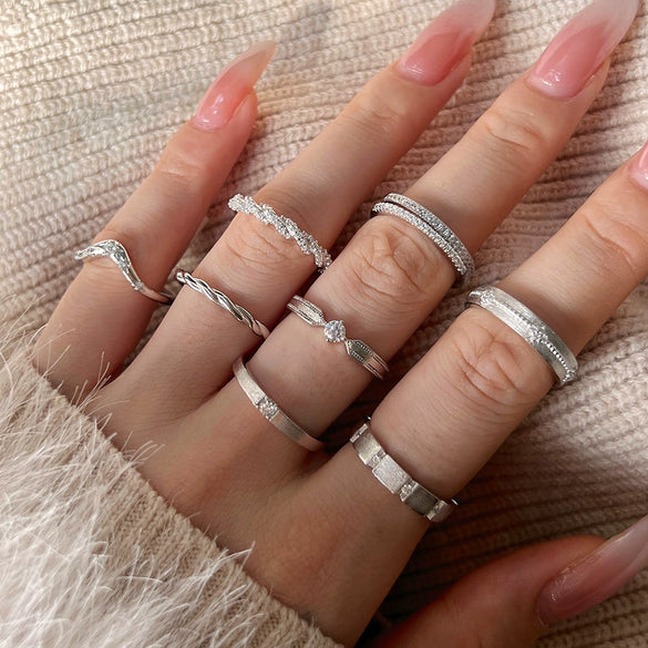 Girls' Stacked Ring Silver Geometric Twist Wave Hollow Electroplated Light Luxury Fashionable