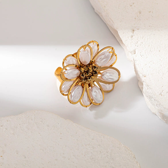 Girls Stainless Steel Flower Fashion Opening Ring With Electroplating