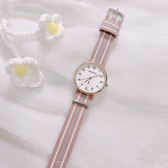 Girls Student Watch Alloy Case Pink Canvas Leisure Style