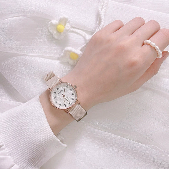 Girls Student Watch Alloy Case Pink Canvas Leisure Style
