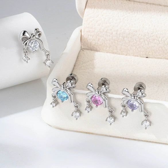 Girls' Titanium Steel Bow Pendant Earrings With Electroplating