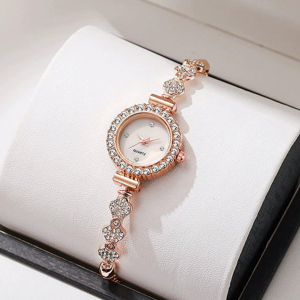 Girls Watch Alloy Gold Round Dial With Small Diamond Ins And Lazy Pullout Bracelet College Style