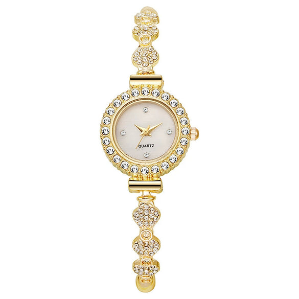 Girls Watch Alloy Gold Round Dial With Small Diamond Ins And Lazy Pullout Bracelet College Style