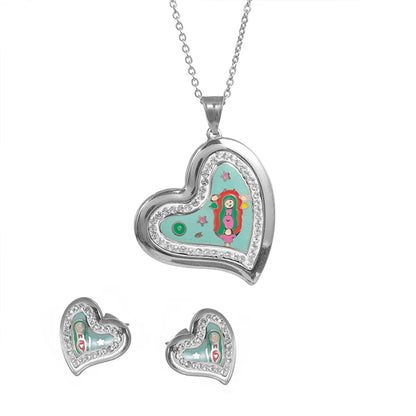 Glam Artistic Color Block Heart Shape Stainless Steel Enamel Inlay Zircon Gold Plated Earrings Necklace