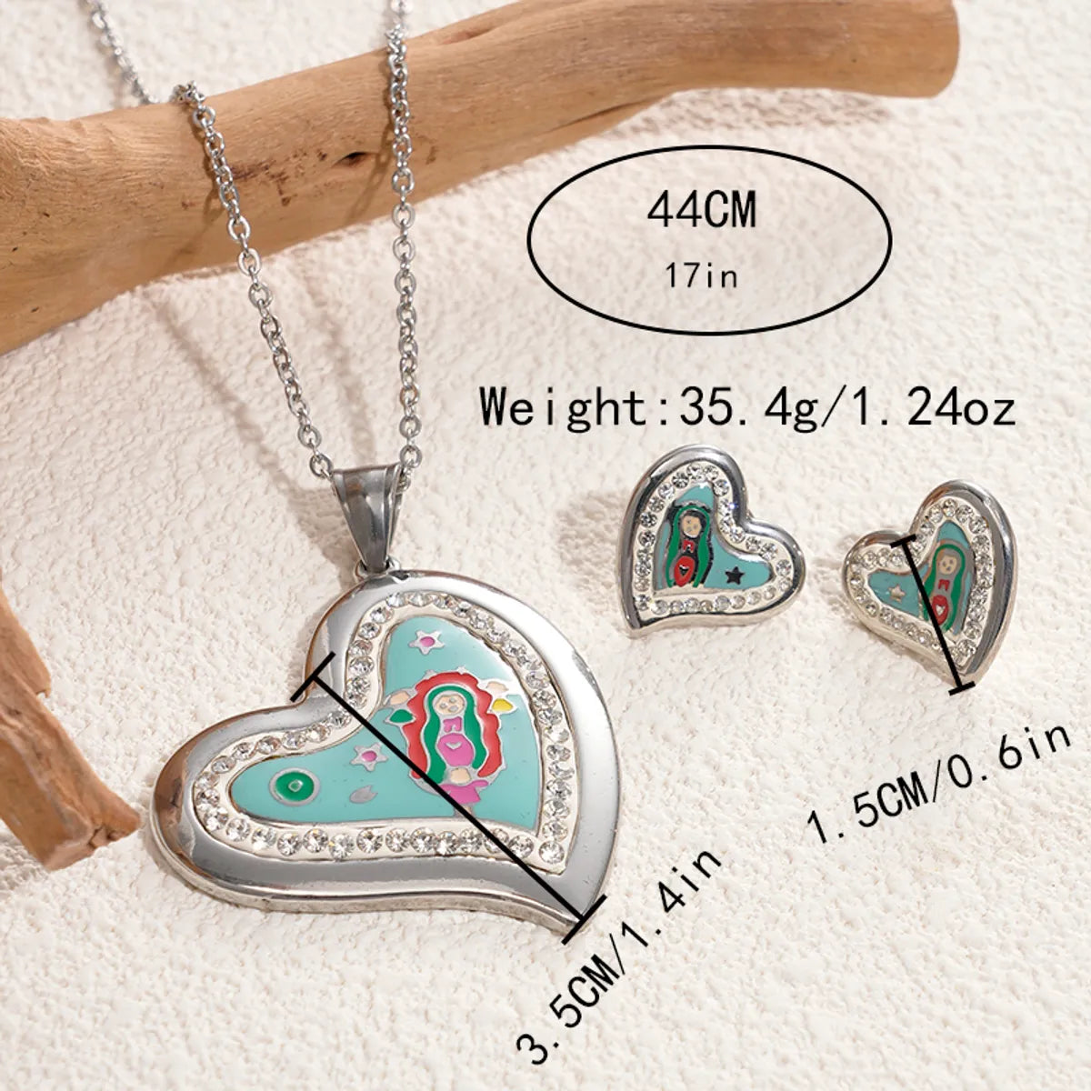 Glam Artistic Color Block Heart Shape Stainless Steel Enamel Inlay Zircon Gold Plated Earrings Necklace