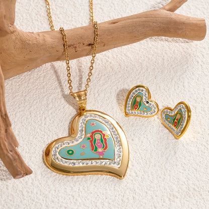 Glam Artistic Color Block Heart Shape Stainless Steel Enamel Inlay Zircon Gold Plated Earrings Necklace