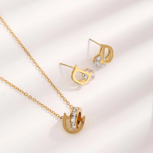 Wholesale Jewelry Glam Classic Style Letter 304 Stainless Steel Zircon 18K Gold Plated Plating Inlay Earrings Necklace