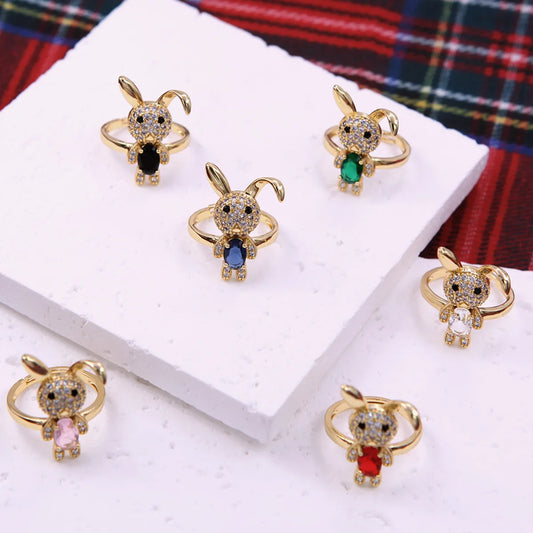 Glam Cute Rabbit Copper Plating Inlay Zircon 18k Gold Plated Open Rings