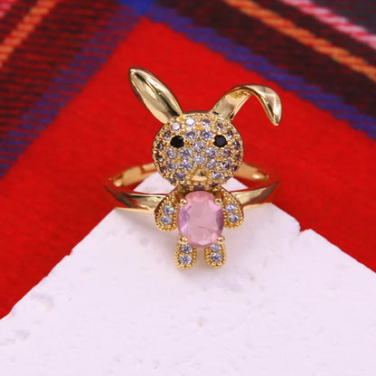 Glam Cute Rabbit Copper Plating Inlay Zircon 18k Gold Plated Open Rings