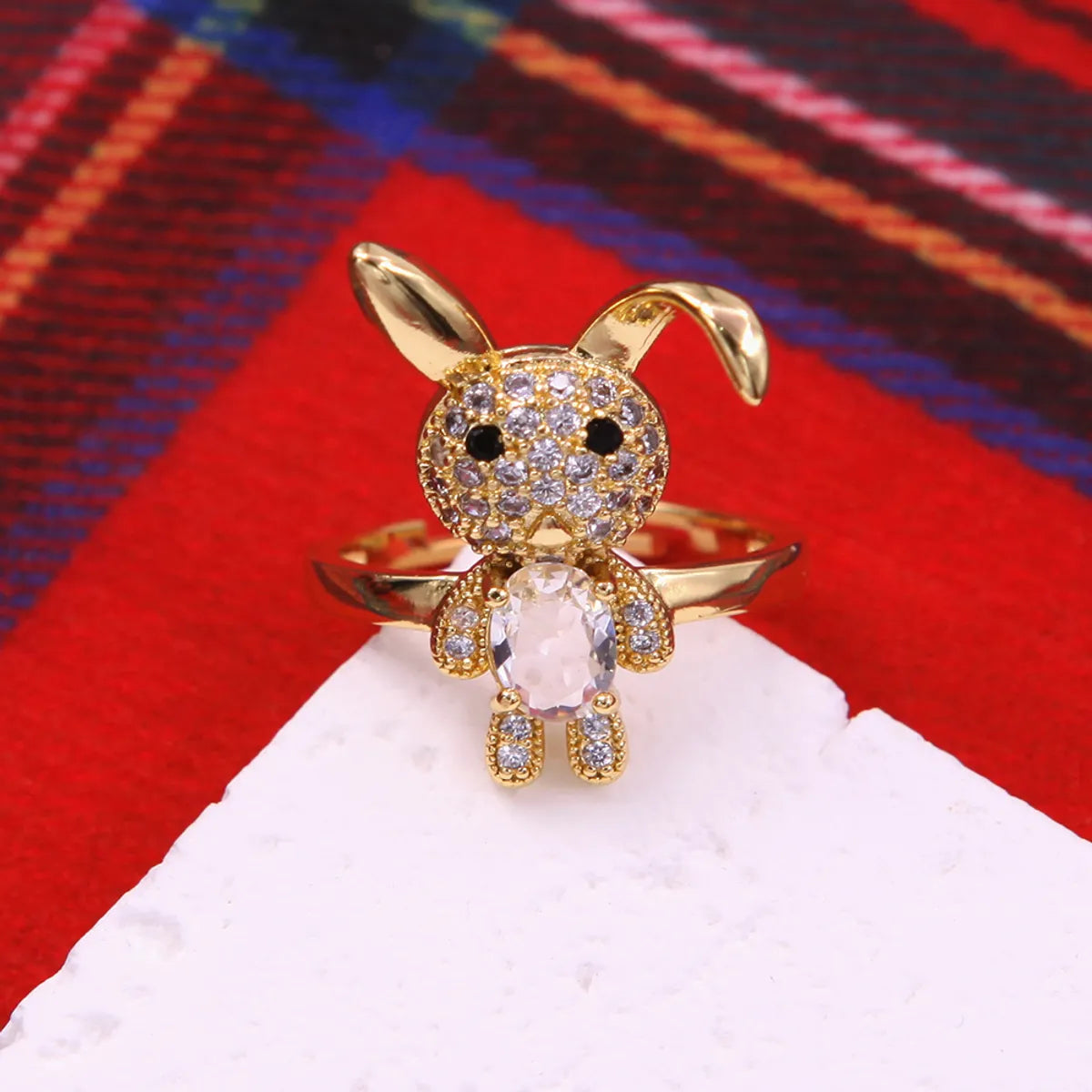 Glam Cute Rabbit Copper Plating Inlay Zircon 18k Gold Plated Open Rings