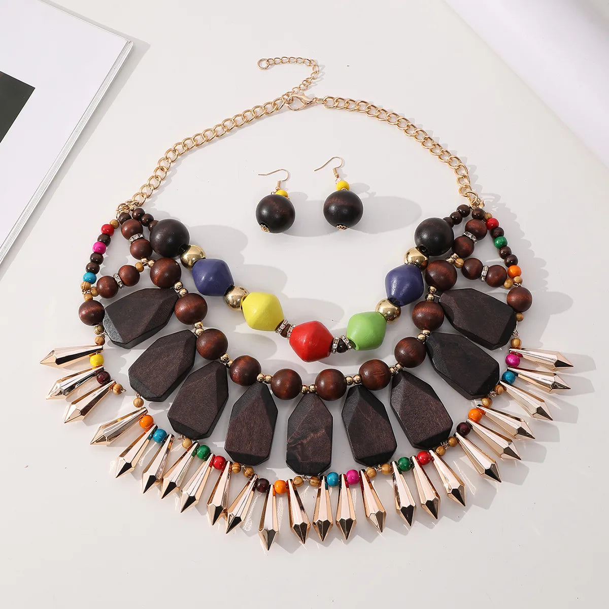 Glam Exaggerated Ethnic Style Geometric Color Block Wood Copper Wholesale Bolo Tie Necklaces