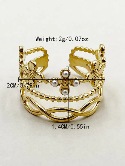 Glam Flower Stainless Steel Gold Plated Pearl Open Ring In Bulk