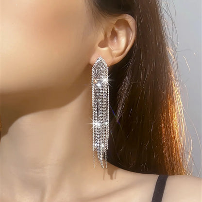 Glam Geometric Rhinestone Tassel Drop Earrings 1 Pair