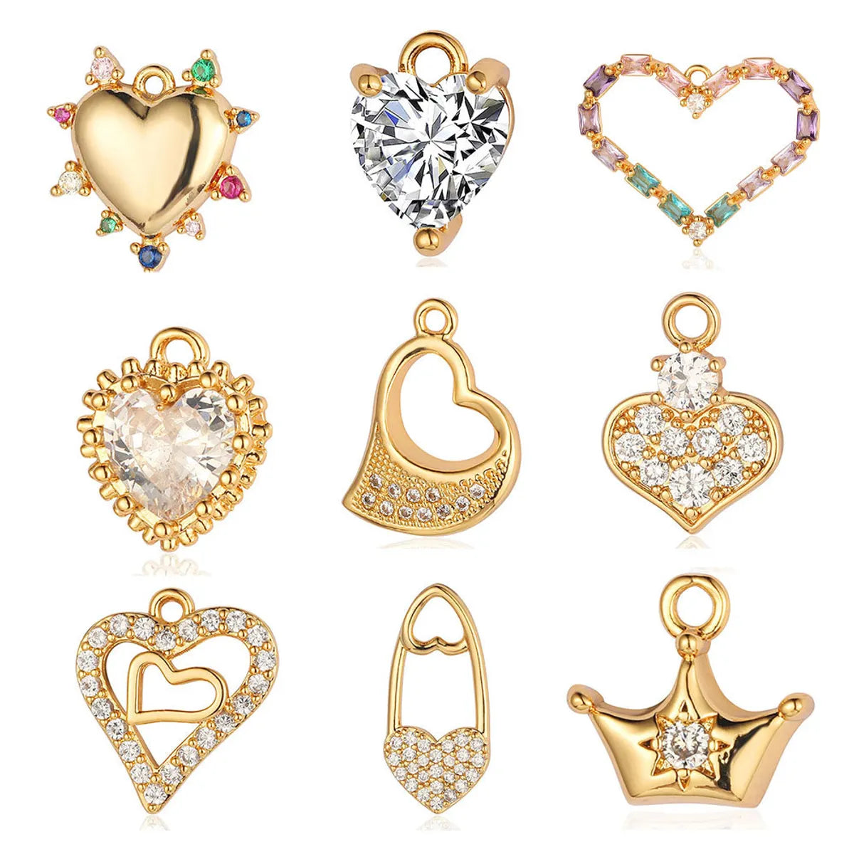 Glam Heart Shape Crown Copper Plating Inlay Zircon 18k Gold Plated Charms Jewelry Accessories