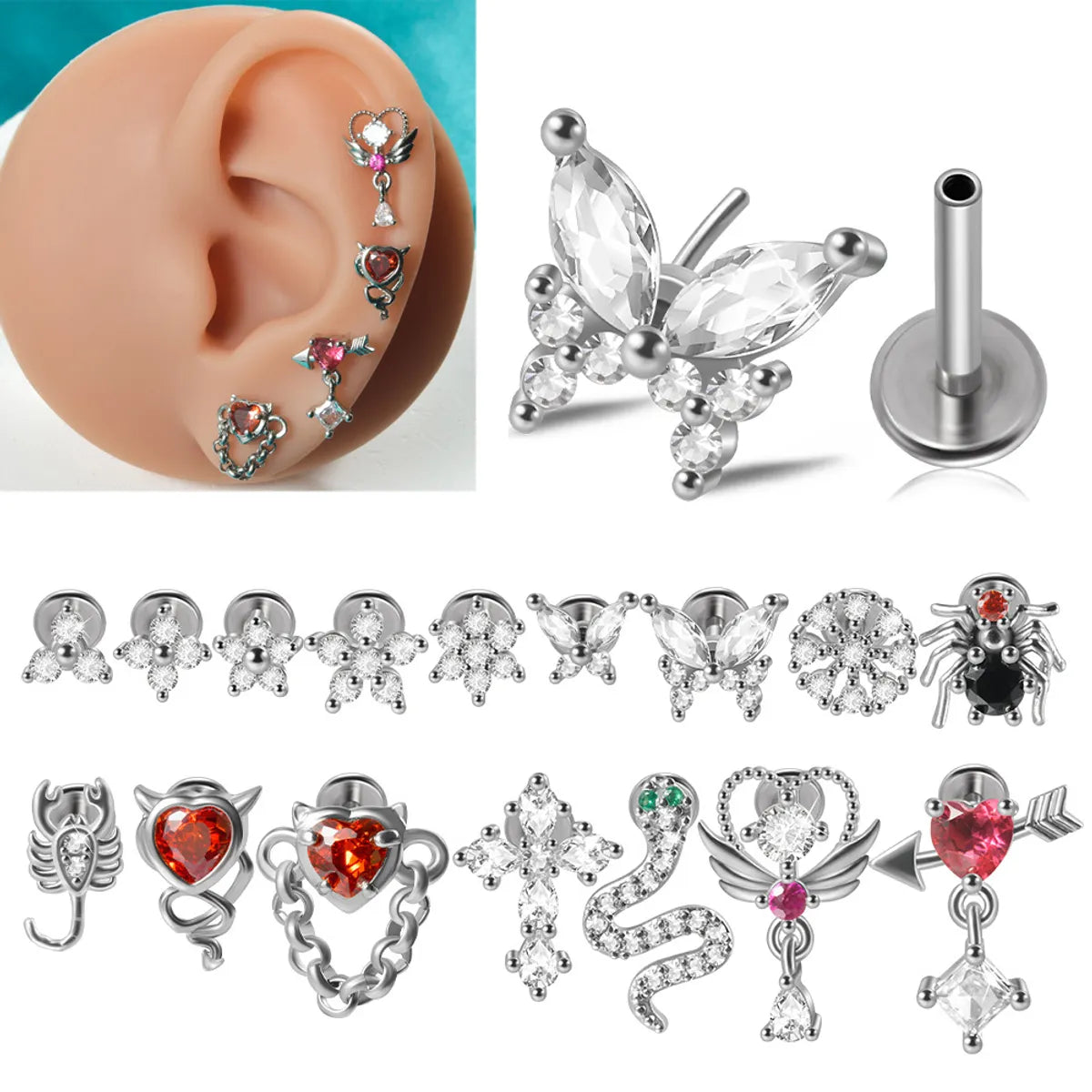 Glam Lady Shiny Heart Shape Stainless Steel Zircon Lip Stud Ear Studs In Bulk