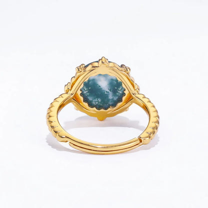 Glam Luxurious Geometric Round Sterling Silver Plating Rhinestones Moss Agate Gold Plated Open Rings