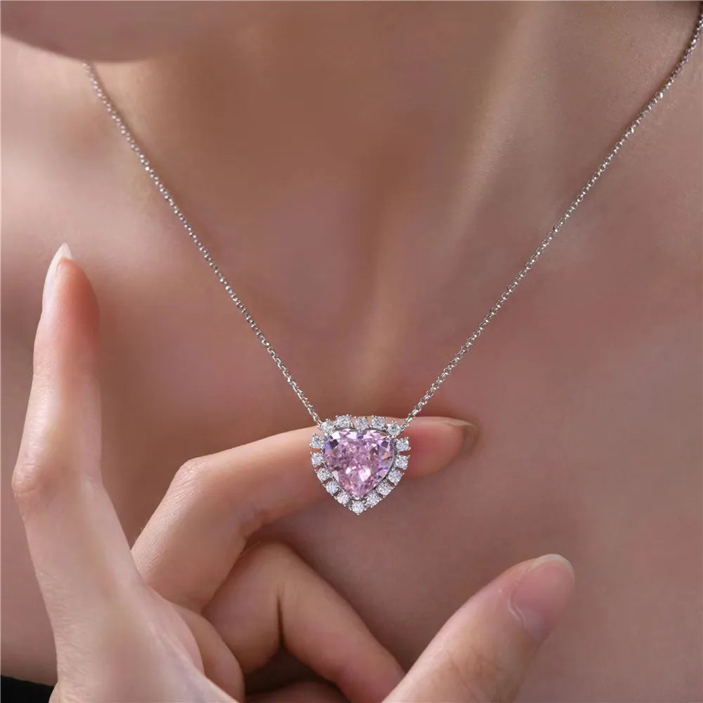 Glam Luxurious Shiny Heart Shape Sterling Silver Plating Inlay High Carbon Diamond White Gold Plated Pendant Necklace