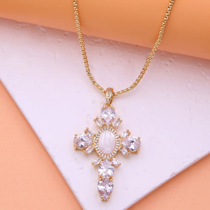 Glam Modern Style Shiny Cross Copper Plating Inlay Shell Zircon 18k Gold Plated White Gold Plated Pendant Necklace