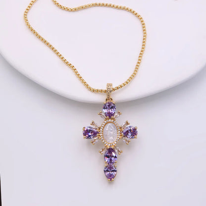 Glam Modern Style Shiny Cross Copper Plating Inlay Shell Zircon 18k Gold Plated White Gold Plated Pendant Necklace