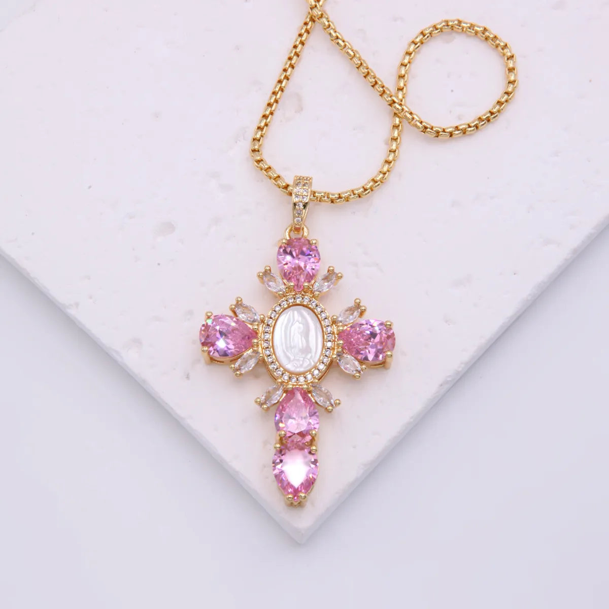 Glam Modern Style Shiny Cross Copper Plating Inlay Shell Zircon 18k Gold Plated White Gold Plated Pendant Necklace