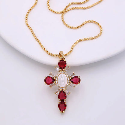 Glam Modern Style Shiny Cross Copper Plating Inlay Shell Zircon 18k Gold Plated White Gold Plated Pendant Necklace