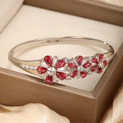 Glam Retro Flower Copper Alloy Plating Inlay Artificial Gemstones White Gold Plated Women's Bangle