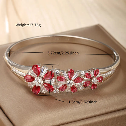 Glam Retro Flower Copper Alloy Plating Inlay Artificial Gemstones White Gold Plated Women's Bangle