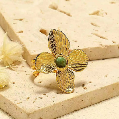 Glam Roman Style Flower Stainless Steel Gold Plated Turquoise Open Ring In Bulk