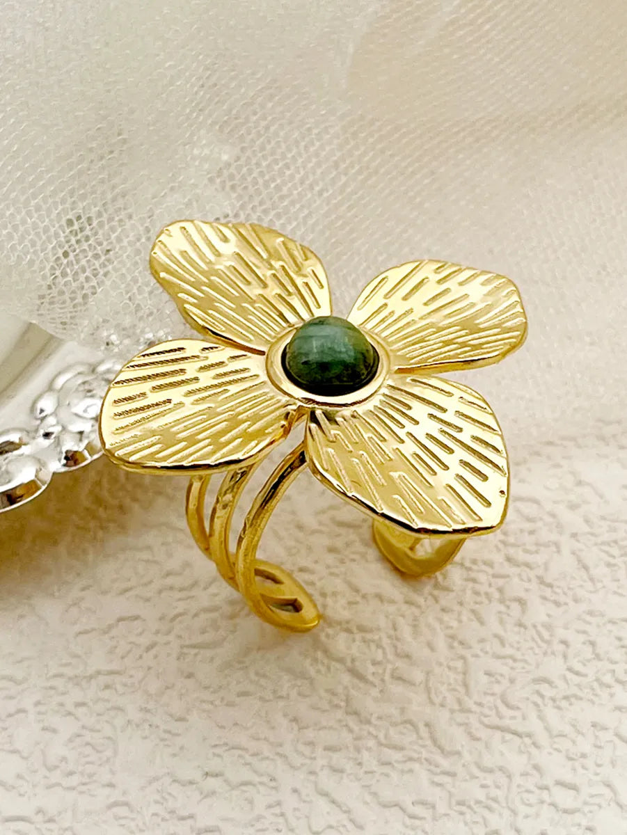 Glam Roman Style Flower Stainless Steel Gold Plated Turquoise Open Ring In Bulk