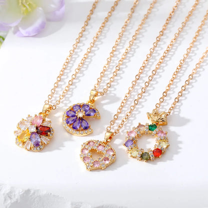 Glam Round Heart Shape Flower Alloy Inlay Zircon Women'S Pendant Necklace