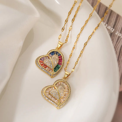 Glam Shiny Heart Shape Copper Plating Inlay Zircon 18k Gold Plated Pendant Necklace