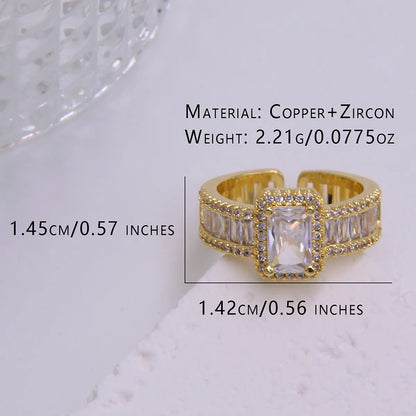 Glam Shiny Square Copper Plating Inlay Zircon 18k Gold Plated Open Rings